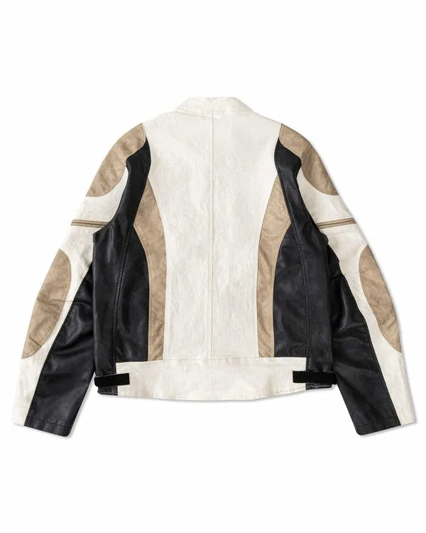 Ecru Premium Leather Mix Racing Jacket
