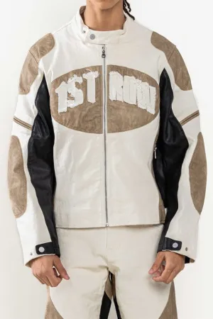 Ecru Premium Leather Mix Racing Jacket
