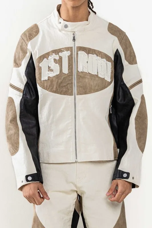 Ecru Premium Leather Mix Racing Jacket