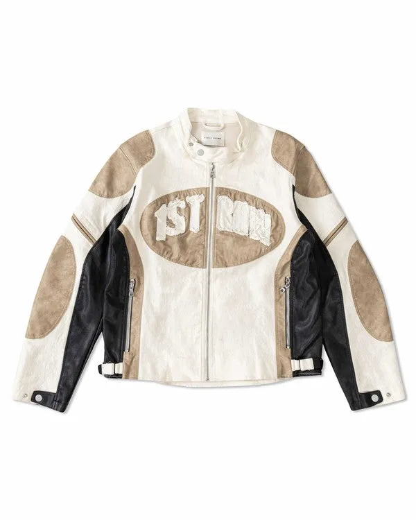 Ecru Premium Leather Mix Racing Jacket