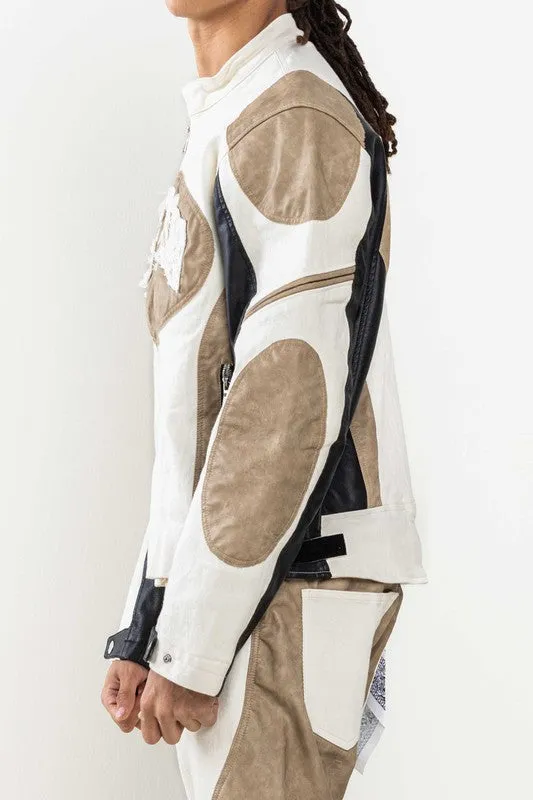 Ecru Premium Leather Mix Racing Jacket