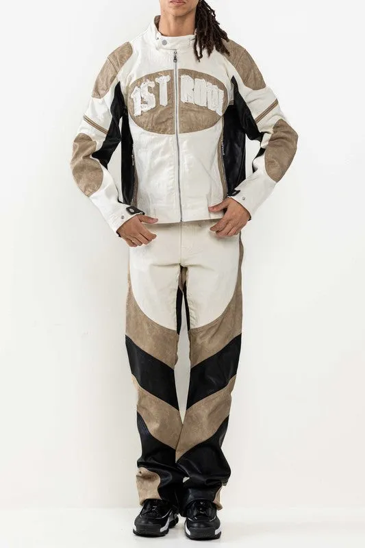 Ecru Premium Leather Mix Racing Jacket