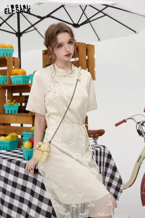 ELFSACK 2024 summer new arrival picnic travel vacation holiday soft comfortable fitted chinese style buckle split dress satin jacquard smooth
