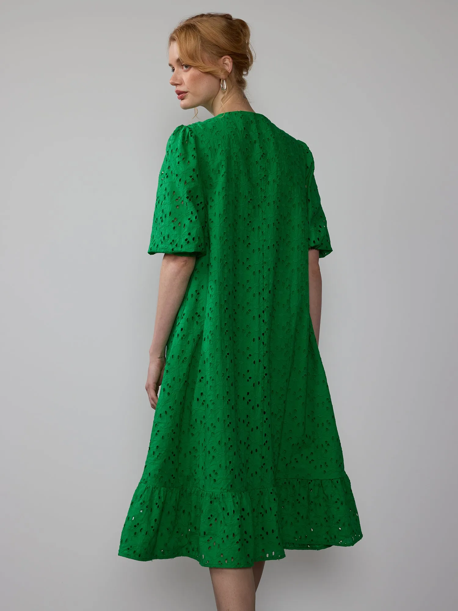 Embroidered Puff Sleeve Midi Dress