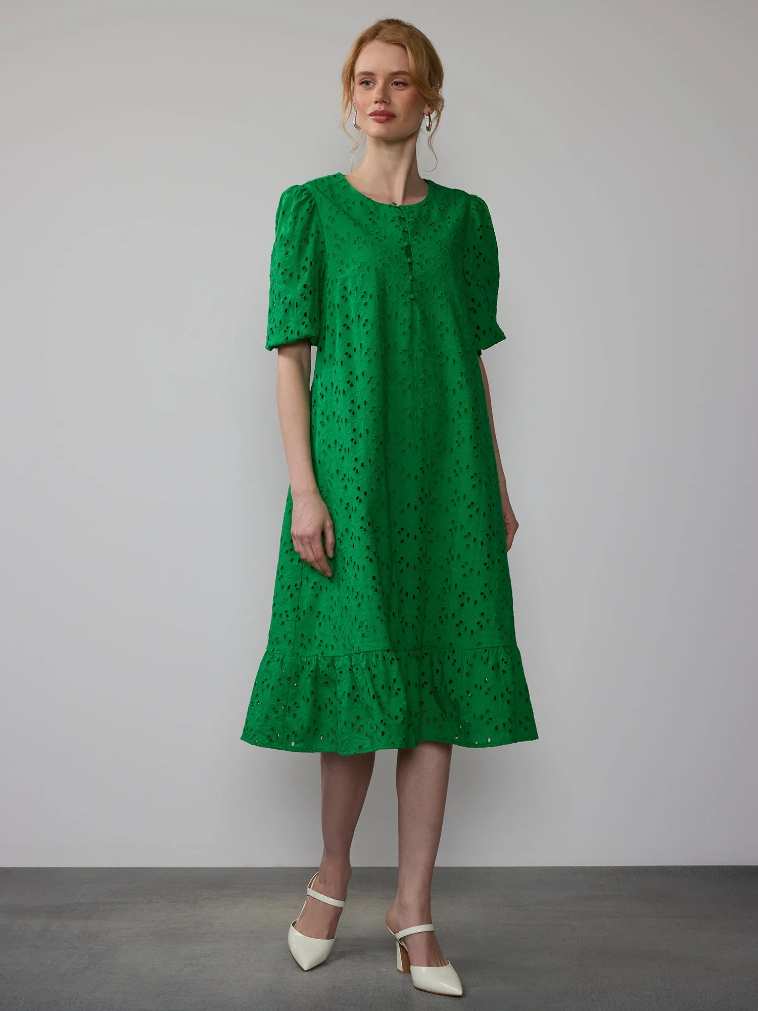 Embroidered Puff Sleeve Midi Dress