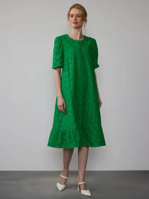 Embroidered Puff Sleeve Midi Dress