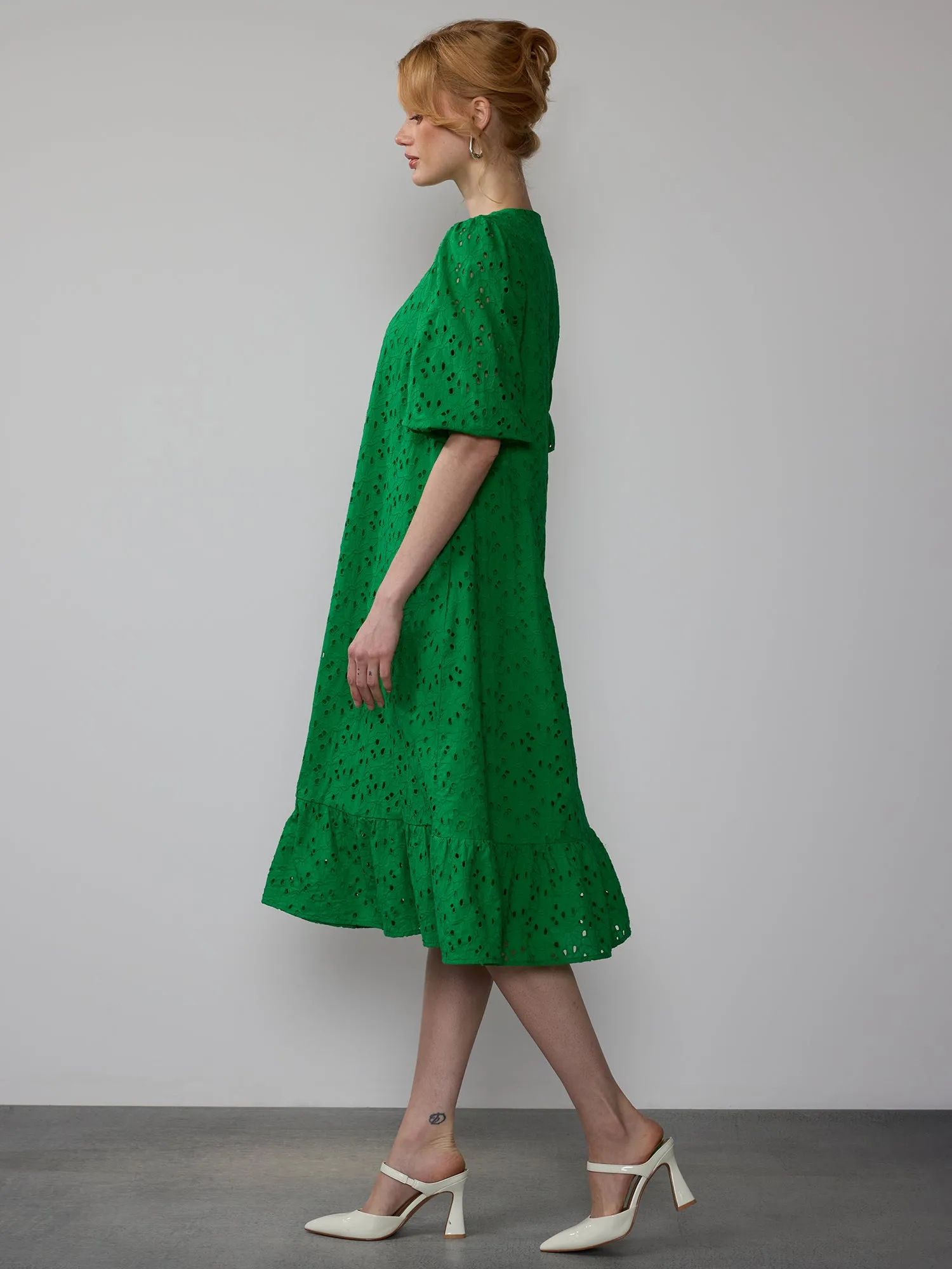 Embroidered Puff Sleeve Midi Dress