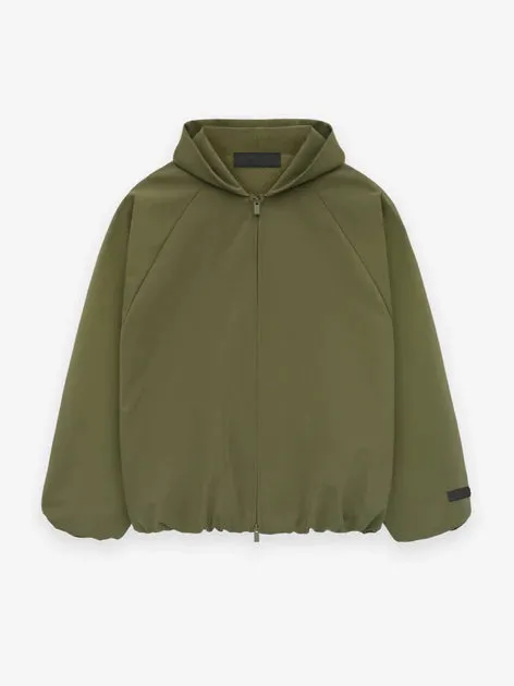 Fear of God Essentials Bonded Nylon Hooded Bomber in Military