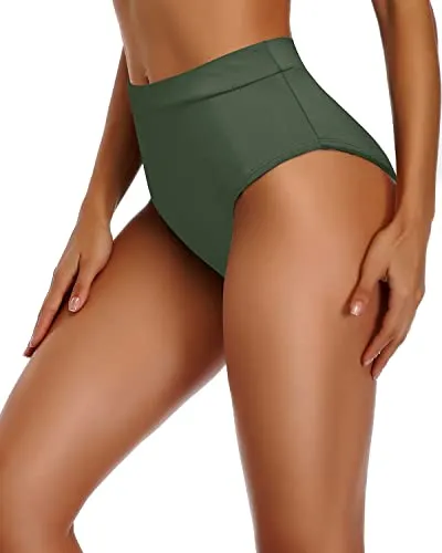 Flattering High Cut Swim Bottom For Women High Waisted Swimsuit-Olive Green