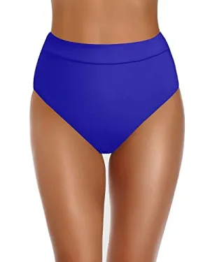 Flattering Women High Waisted Bikini Bottom Tummy Control Swimsuit-Royal Blue