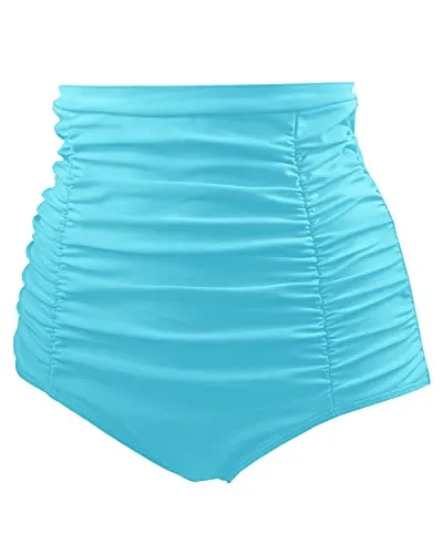 Flattering Women's High Waisted Swimsuit Bottom Tummy Control Ruched Swim Shorts-Blue