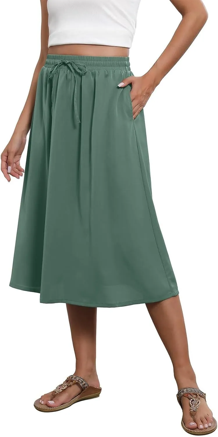 Floral Midi Skirts for Women Summer Casual Loose Flowy Boho Skirt Knee Length Beach Vacation Outfits with Pockets