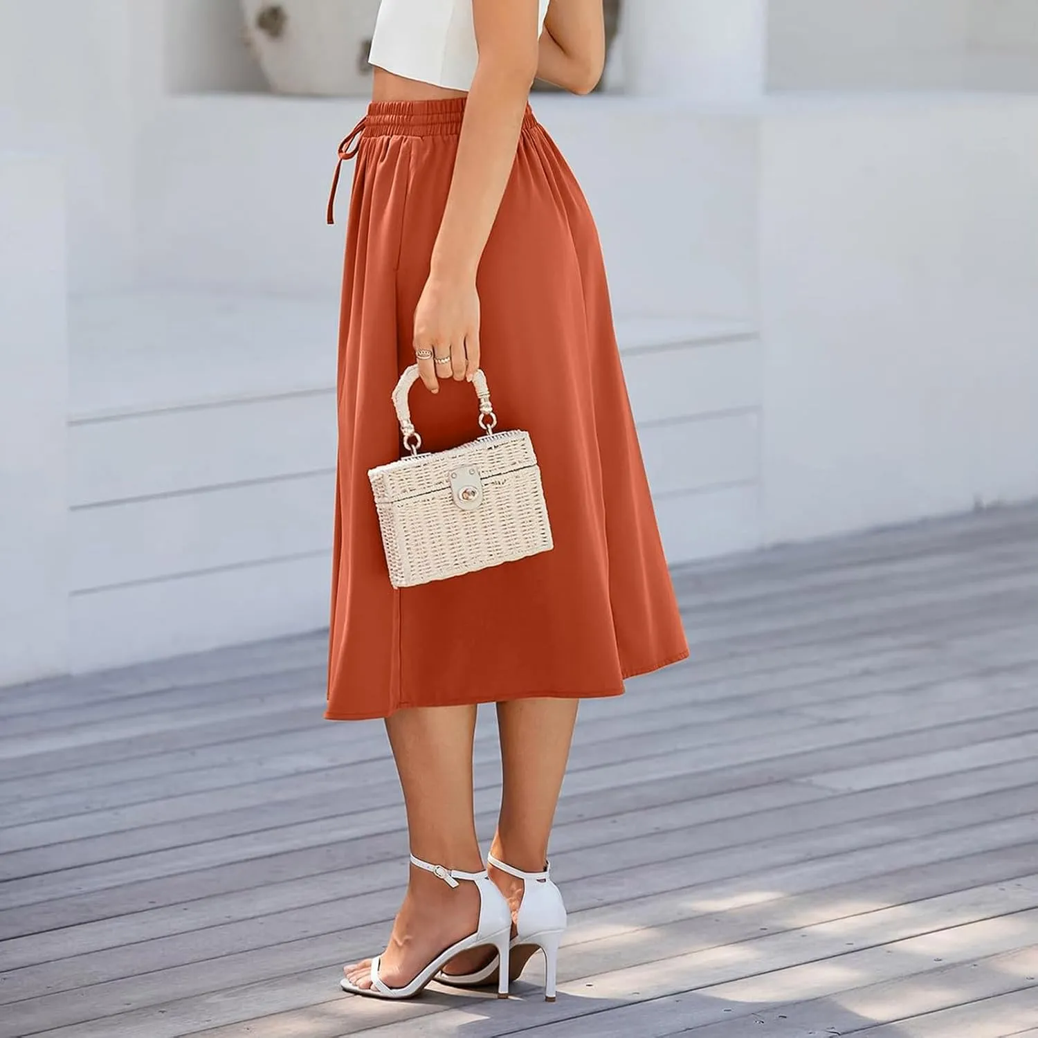 Floral Midi Skirts for Women Summer Casual Loose Flowy Boho Skirt Knee Length Beach Vacation Outfits with Pockets