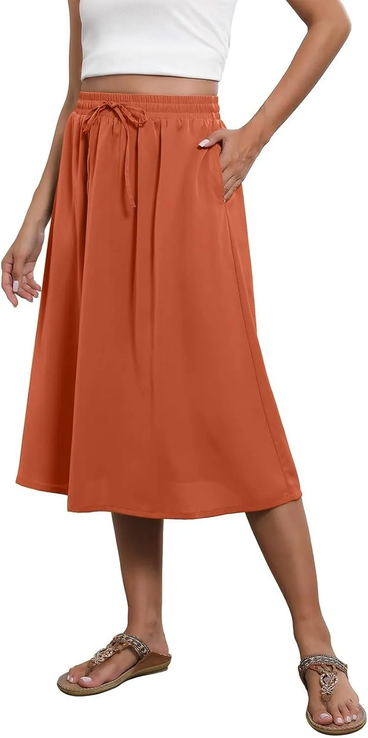 Floral Midi Skirts for Women Summer Casual Loose Flowy Boho Skirt Knee Length Beach Vacation Outfits with Pockets