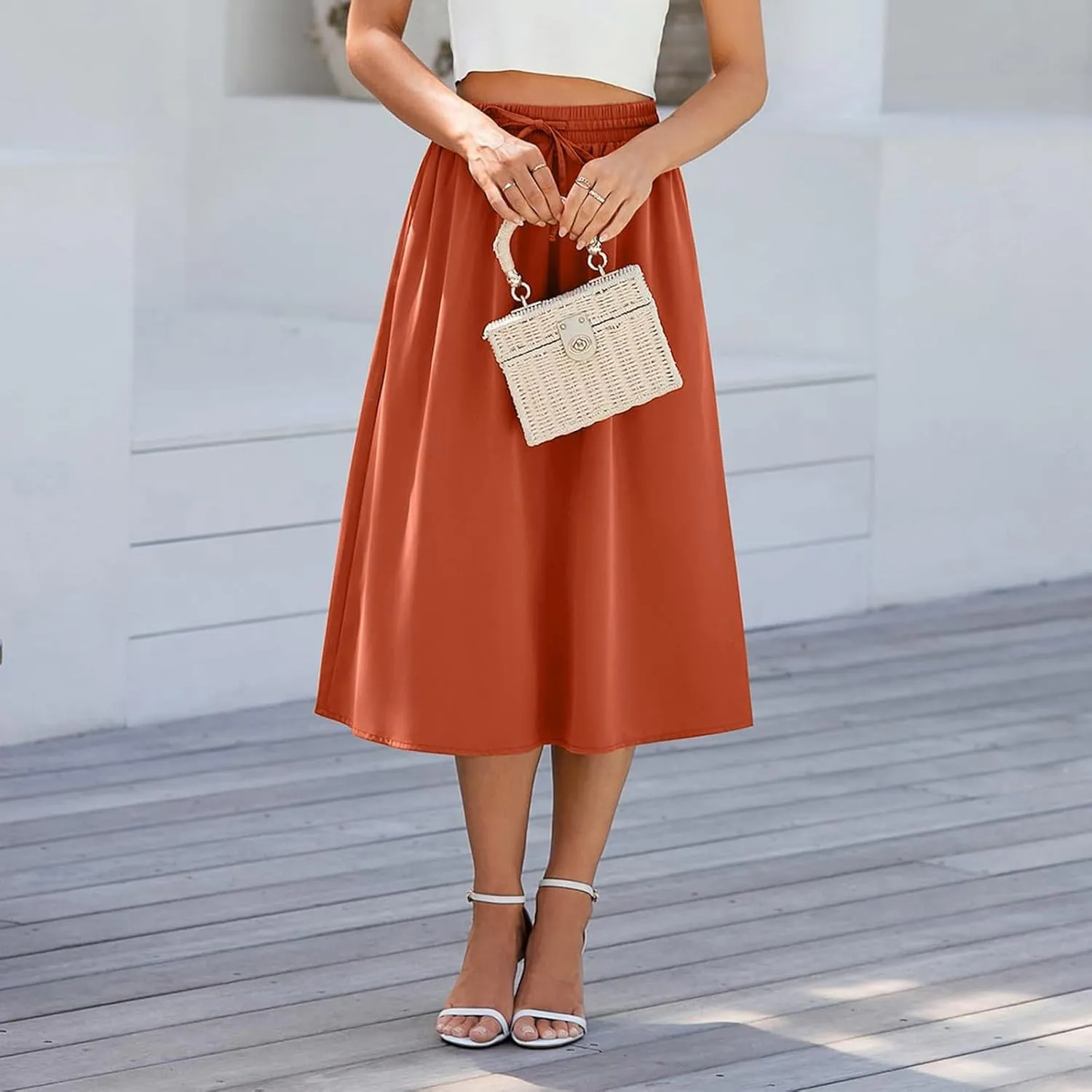 Floral Midi Skirts for Women Summer Casual Loose Flowy Boho Skirt Knee Length Beach Vacation Outfits with Pockets