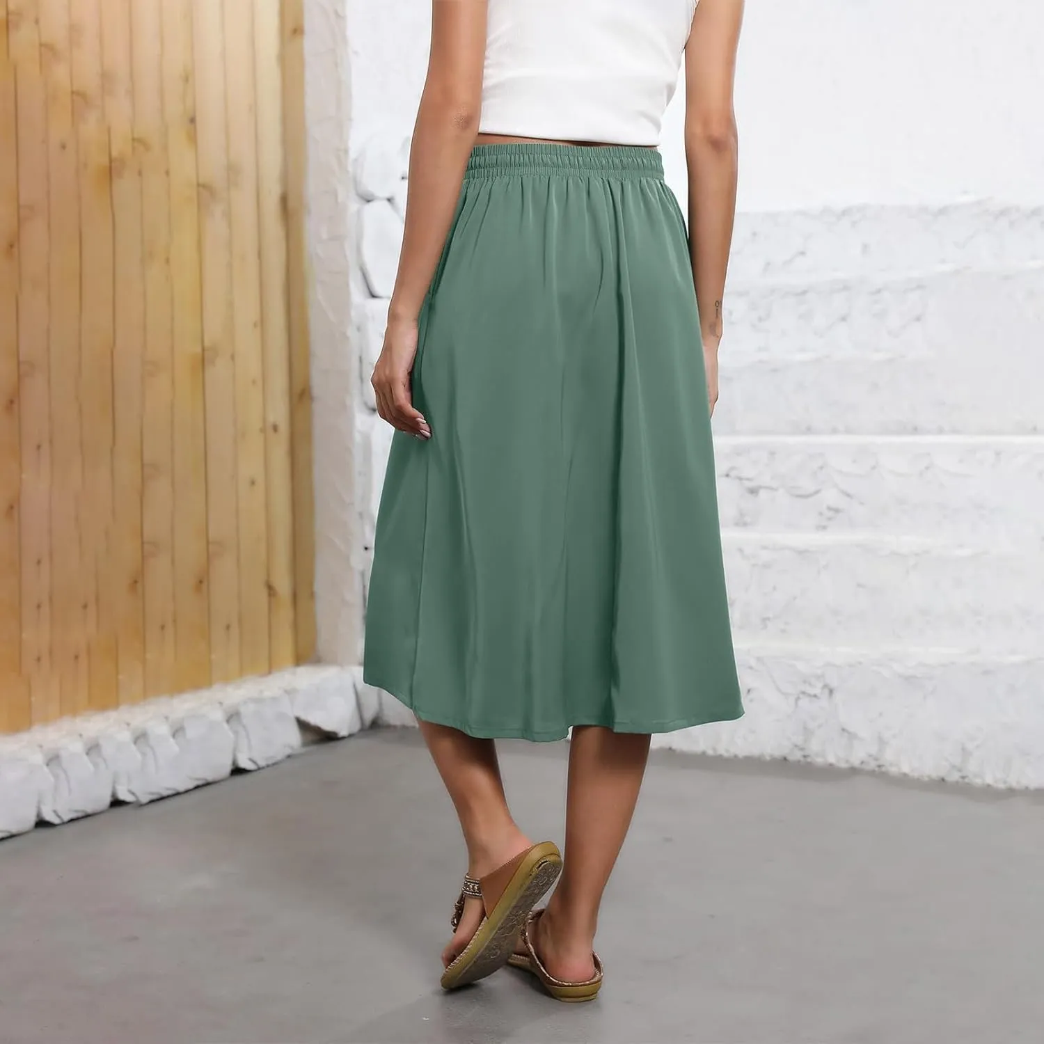 Floral Midi Skirts for Women Summer Casual Loose Flowy Boho Skirt Knee Length Beach Vacation Outfits with Pockets