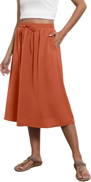 Floral Midi Skirts for Women Summer Casual Loose Flowy Boho Skirt Knee Length Beach Vacation Outfits with Pockets