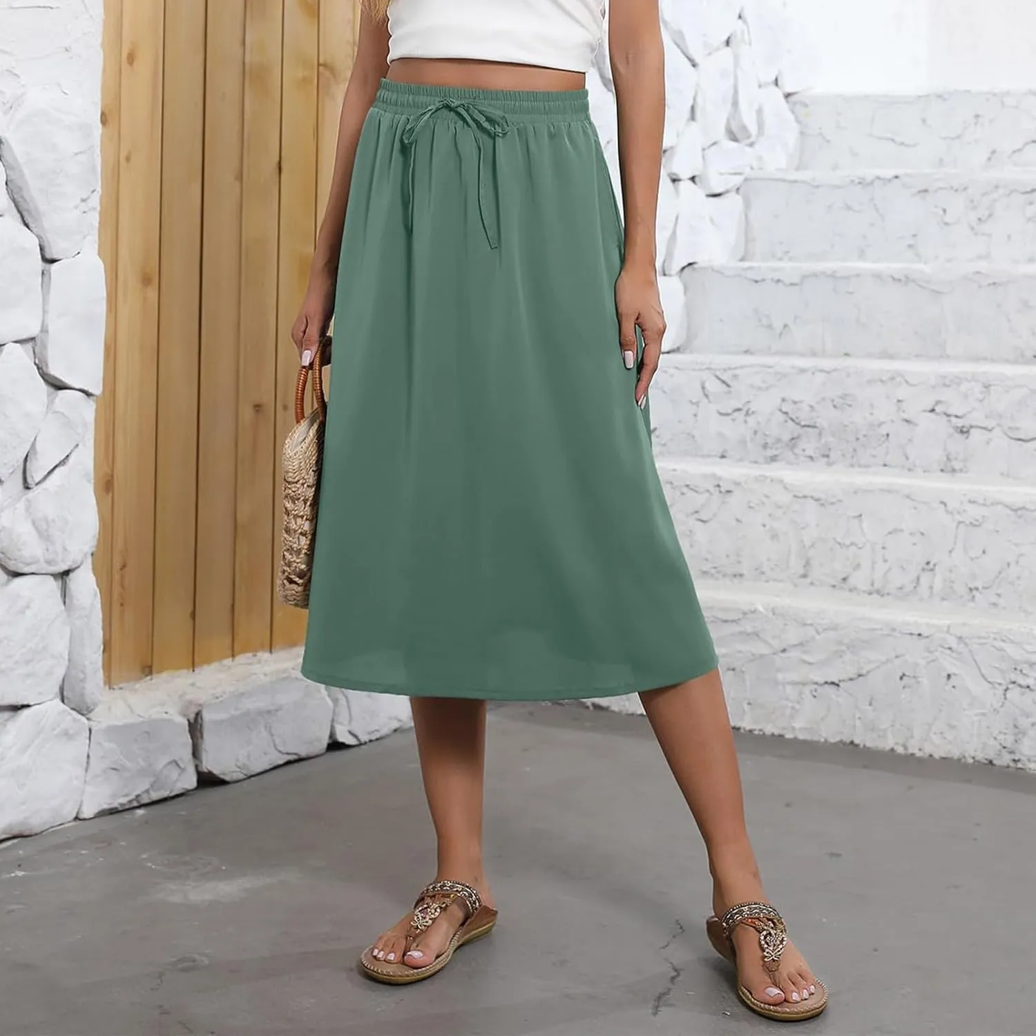 Floral Midi Skirts for Women Summer Casual Loose Flowy Boho Skirt Knee Length Beach Vacation Outfits with Pockets