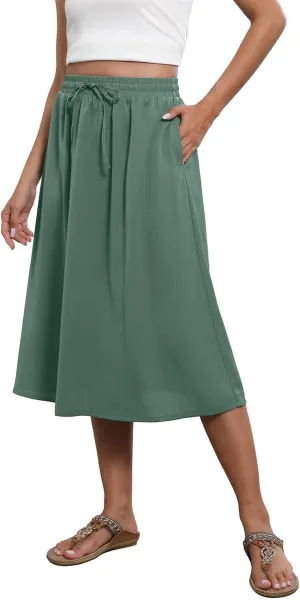 Floral Midi Skirts for Women Summer Casual Loose Flowy Boho Skirt Knee Length Beach Vacation Outfits with Pockets