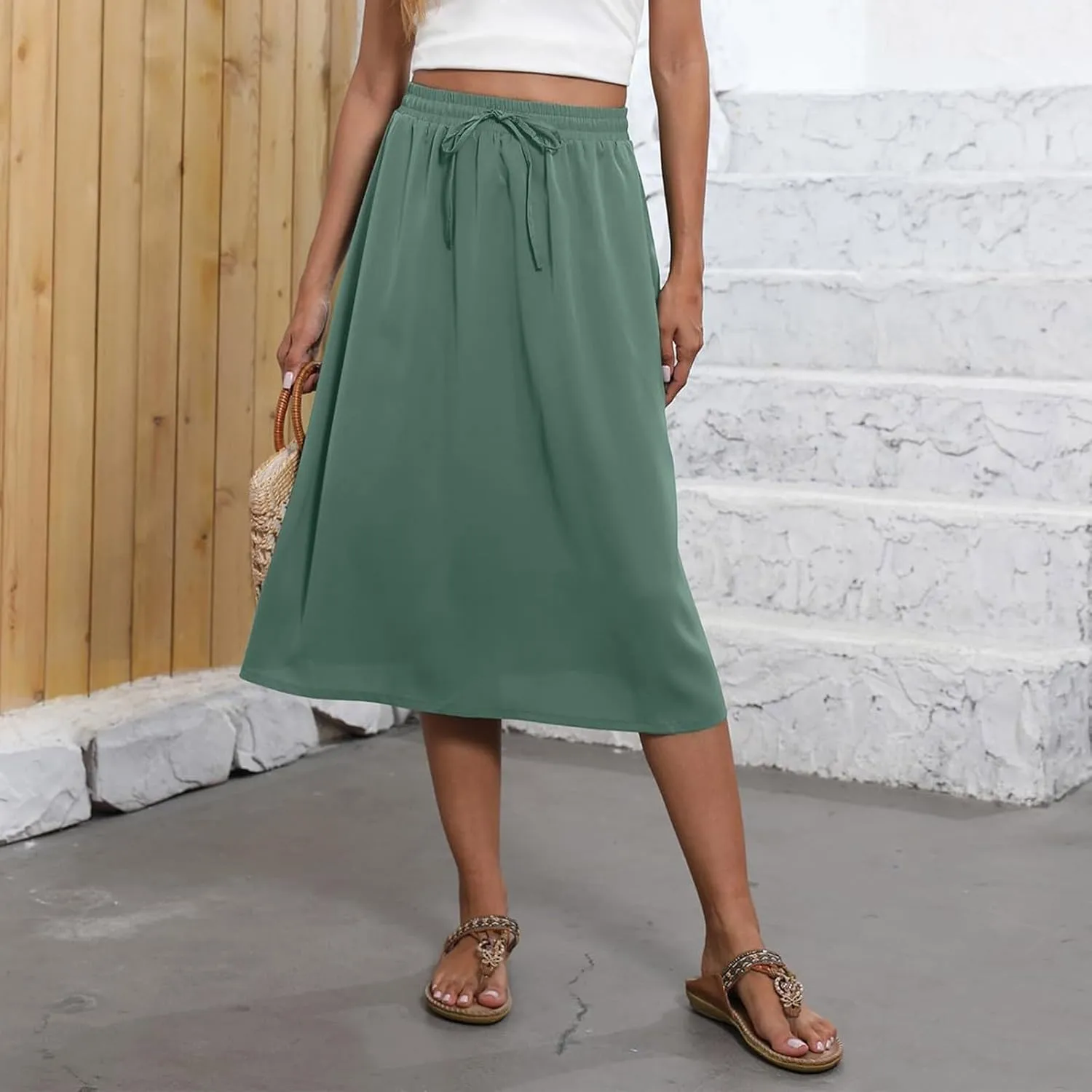 Floral Midi Skirts for Women Summer Casual Loose Flowy Boho Skirt Knee Length Beach Vacation Outfits with Pockets