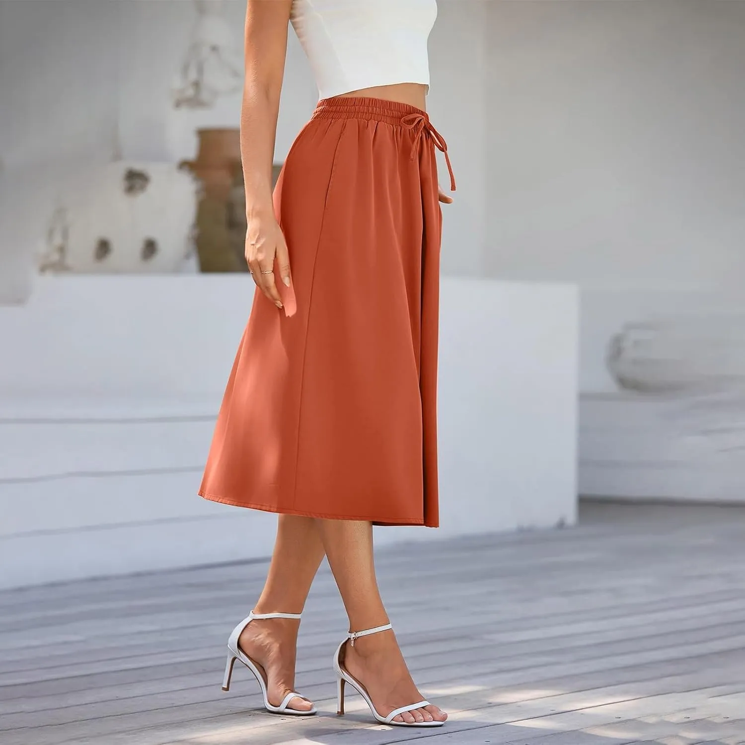 Floral Midi Skirts for Women Summer Casual Loose Flowy Boho Skirt Knee Length Beach Vacation Outfits with Pockets