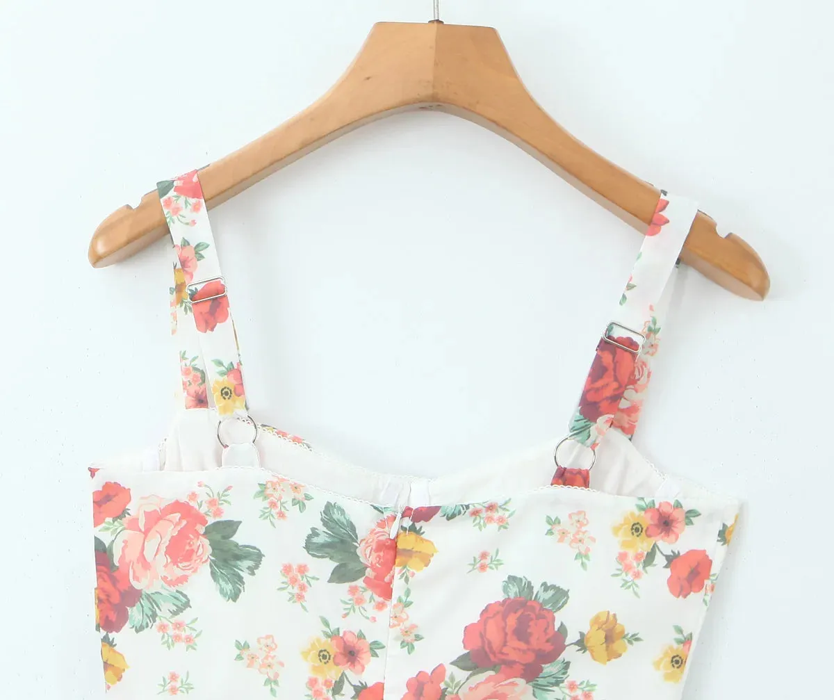 Flower Print Corset Style Ruffles Hem Midi Dress