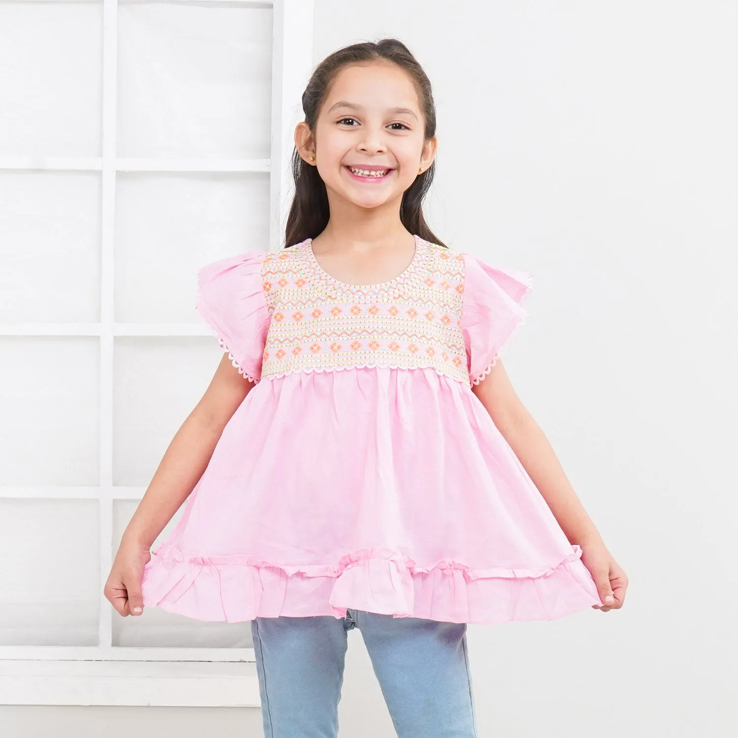 Girls Jacquard Embroidered Top Waves - Pink