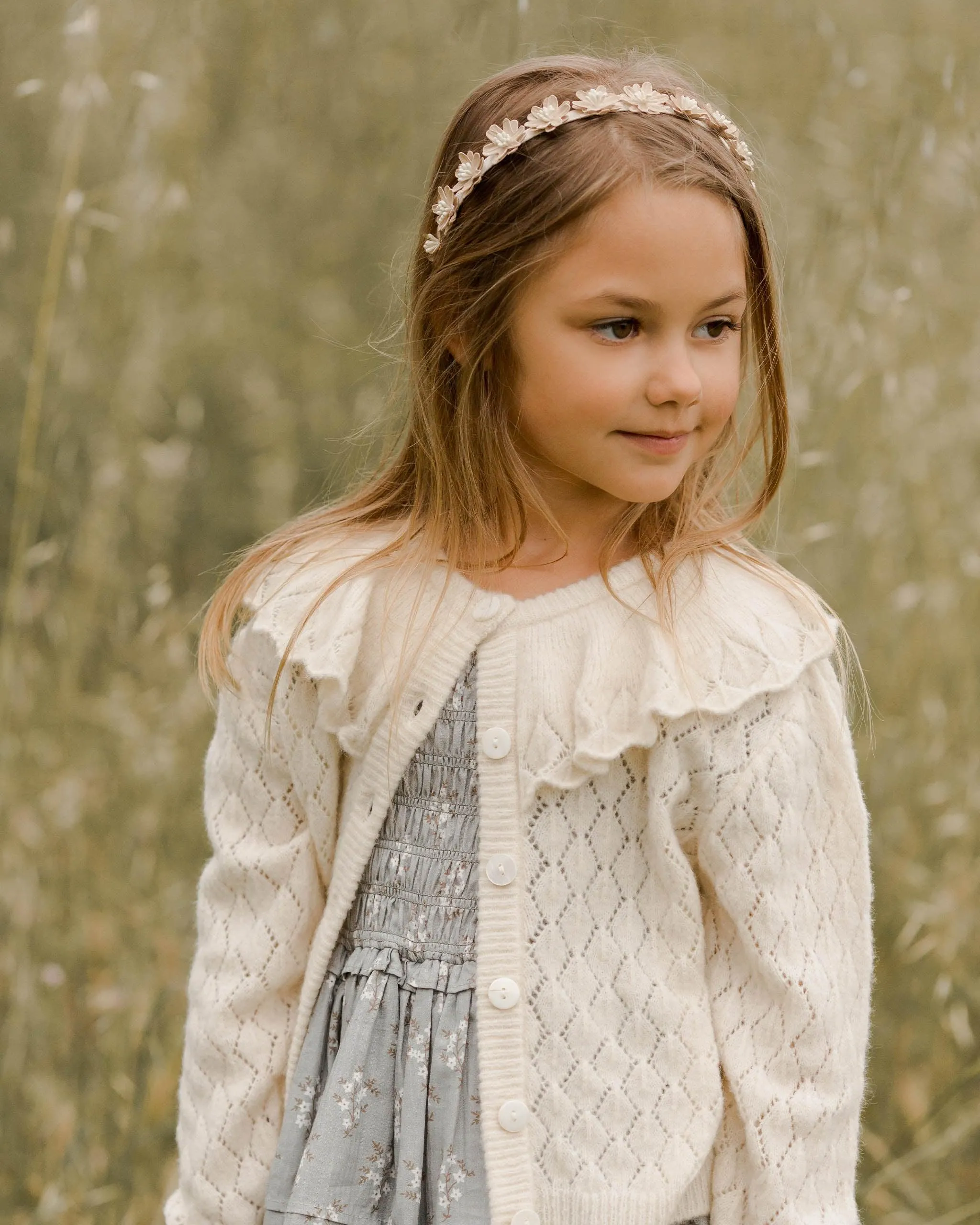 Girls Tops | Ruffle Cardigan Sweater in Ecru | Noralee