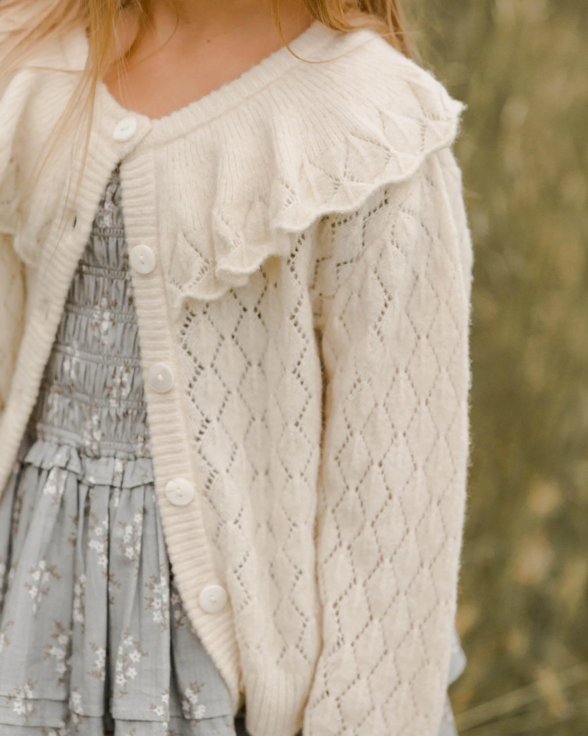 Girls Tops | Ruffle Cardigan Sweater in Ecru | Noralee