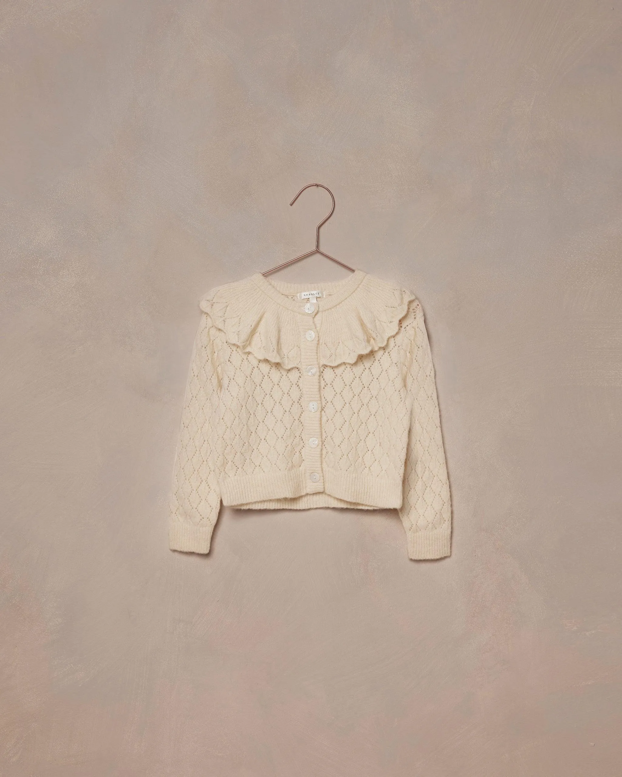 Girls Tops | Ruffle Cardigan Sweater in Ecru | Noralee