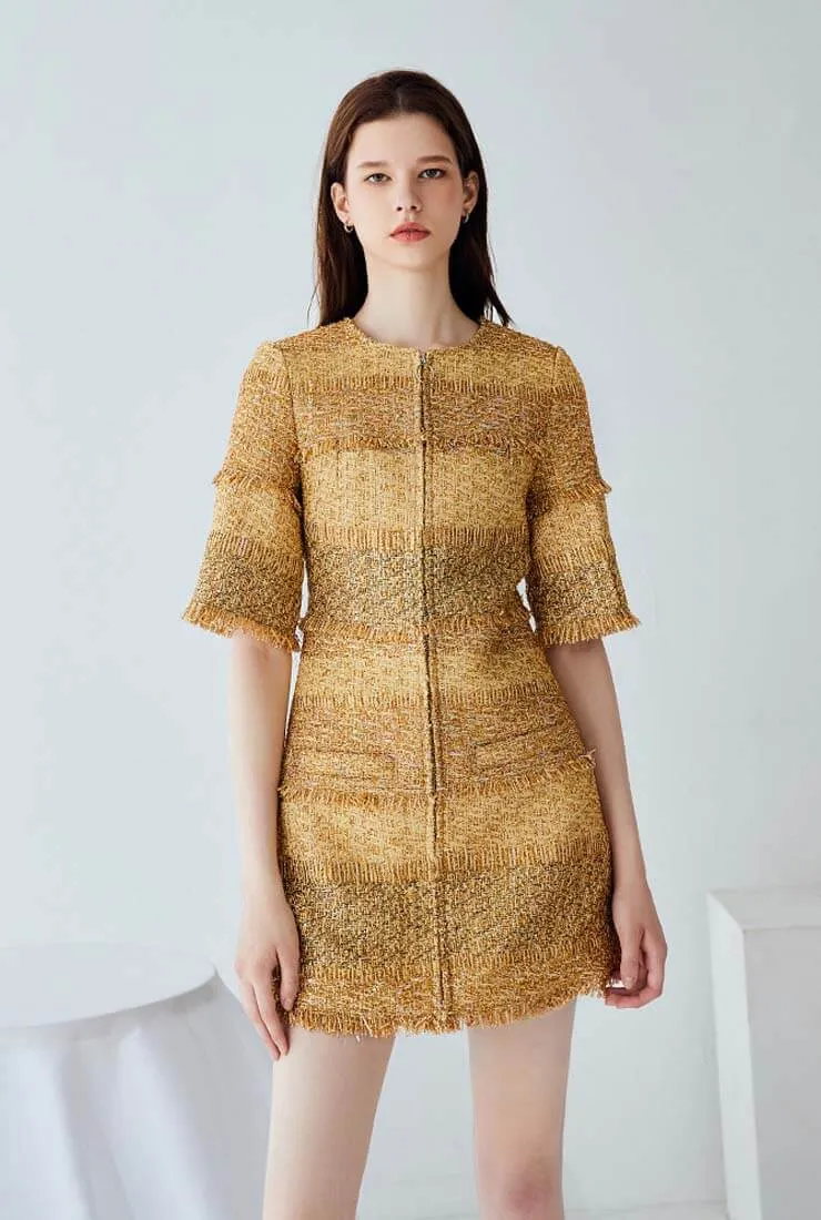 Gold Bright Tweed A-line Cropped Sleeve Mini Dress