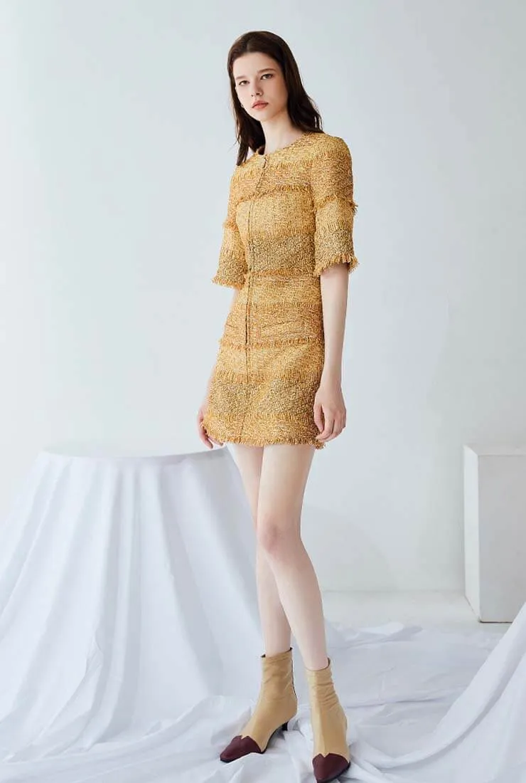 Gold Bright Tweed A-line Cropped Sleeve Mini Dress