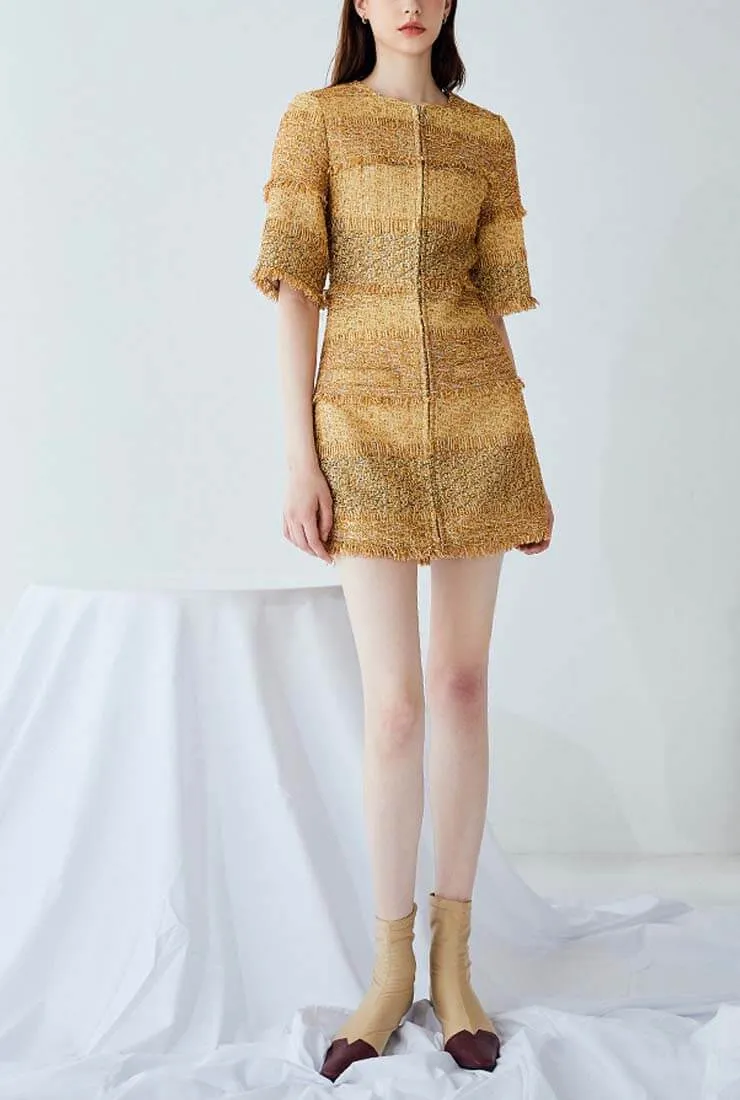 Gold Bright Tweed A-line Cropped Sleeve Mini Dress