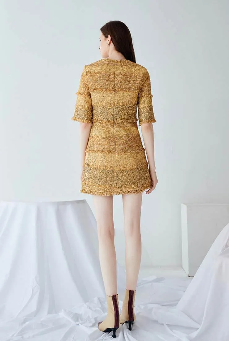 Gold Bright Tweed A-line Cropped Sleeve Mini Dress