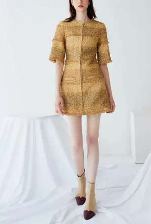 Gold Bright Tweed A-line Cropped Sleeve Mini Dress