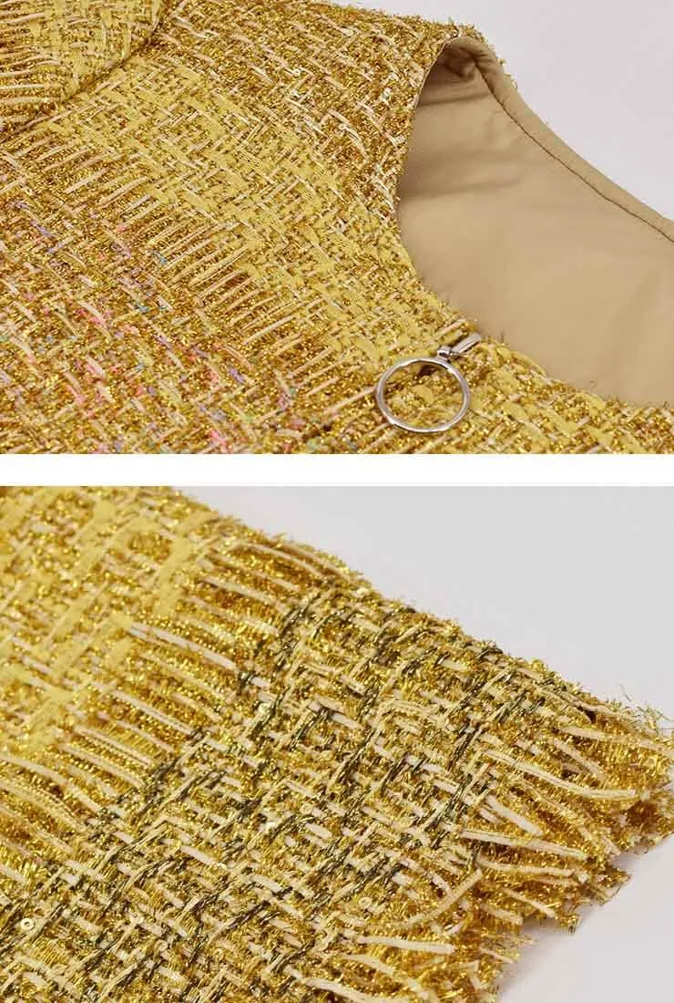 Gold Bright Tweed A-line Cropped Sleeve Mini Dress