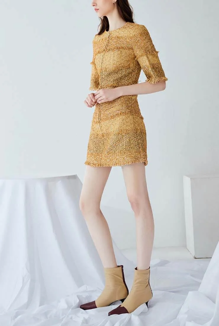 Gold Bright Tweed A-line Cropped Sleeve Mini Dress