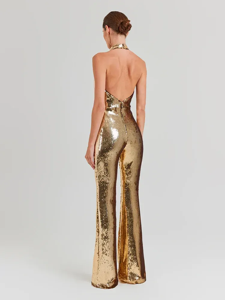 Gold Sequin Halter Jumpsuit