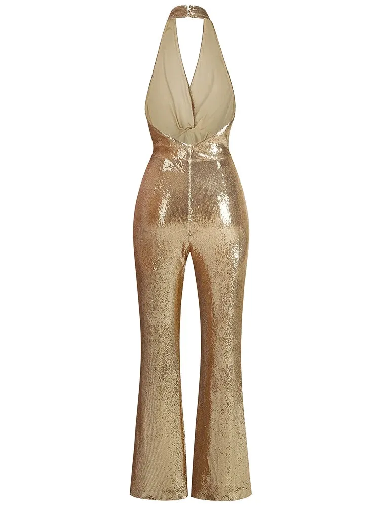 Gold Sequin Halter Jumpsuit
