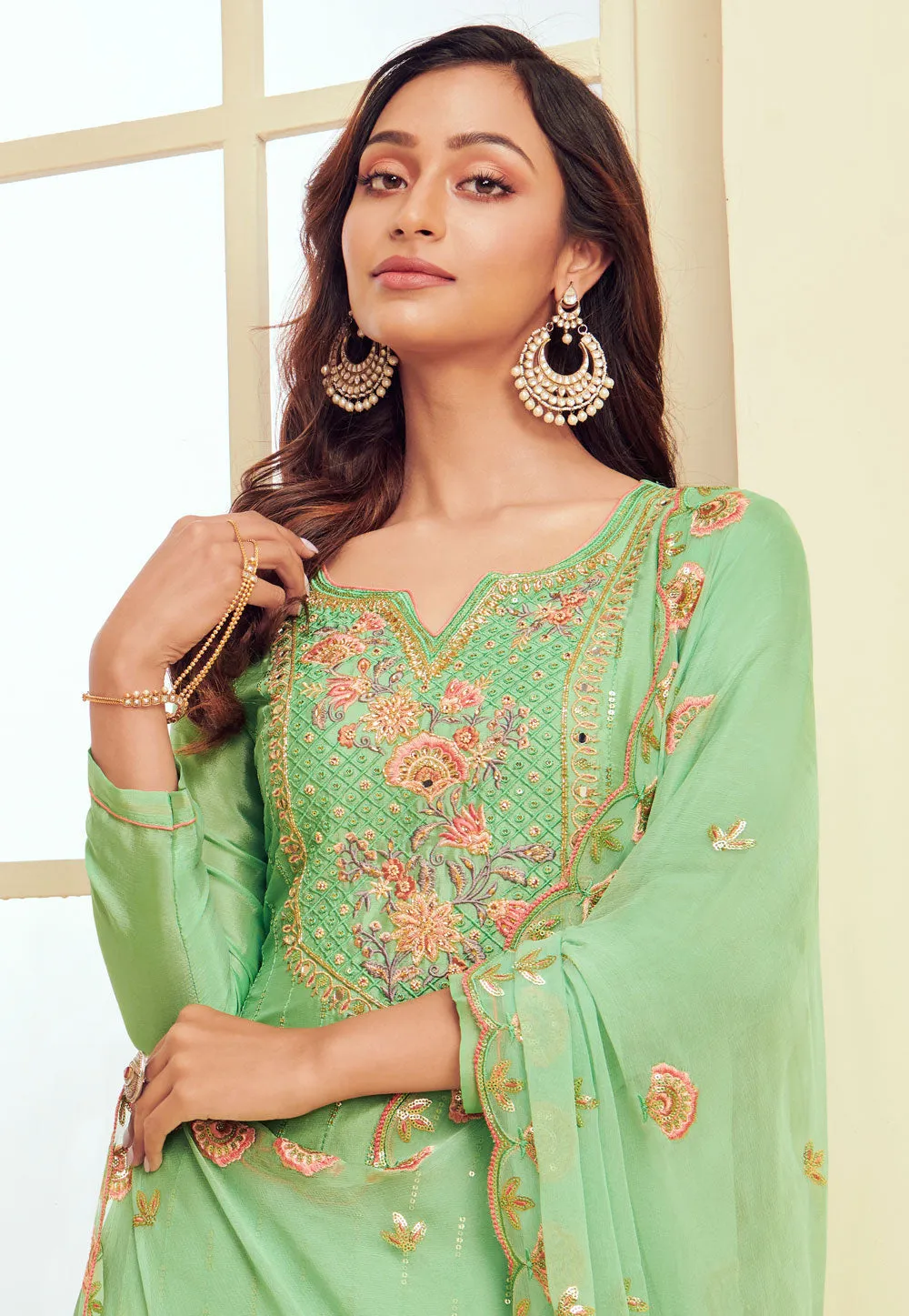 Green Floral Embroidered Pakistani Pant Suit