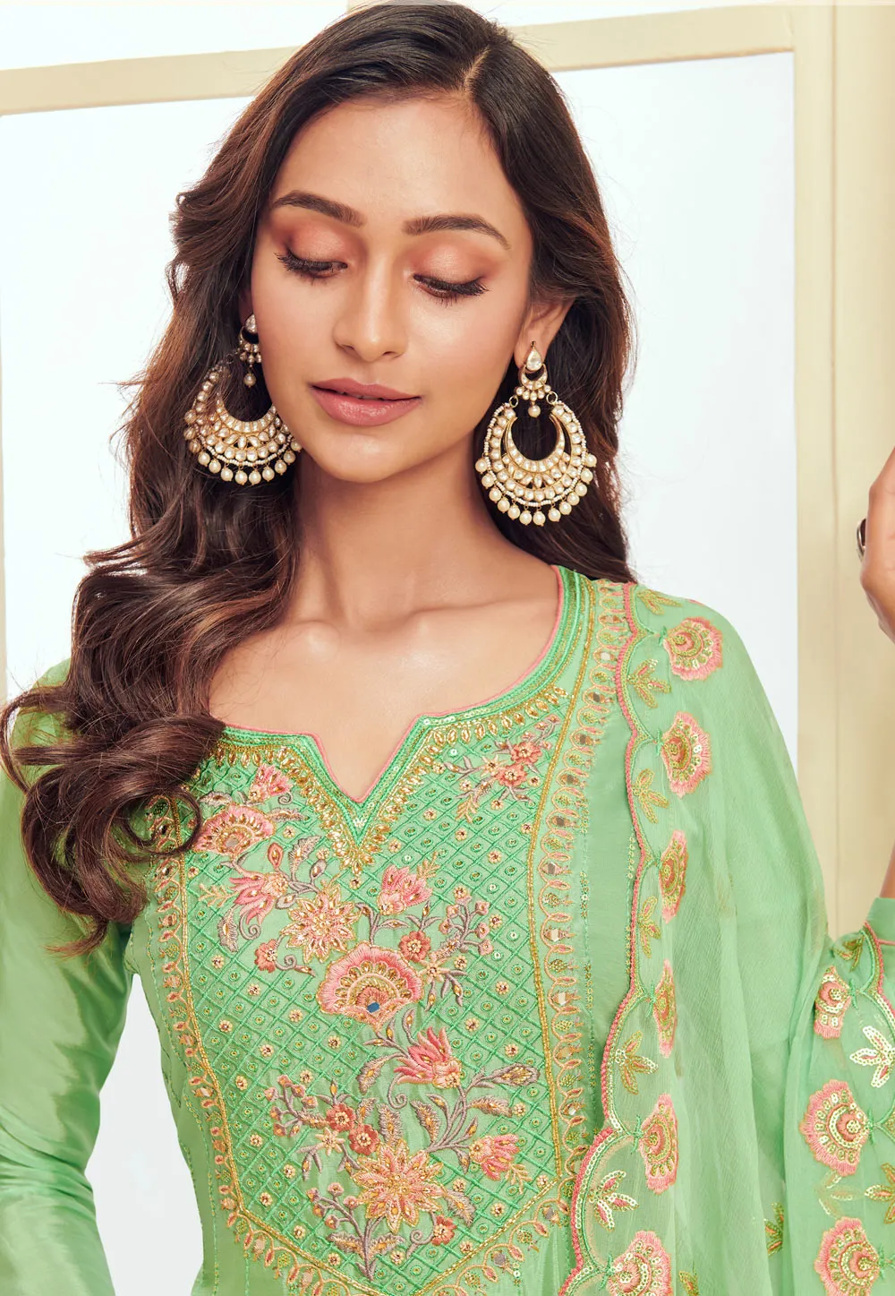 Green Floral Embroidered Pakistani Pant Suit