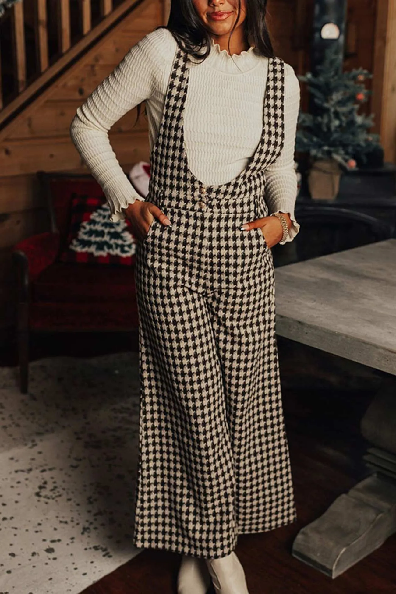 Houndstooth Sleeveless Wide Leg Jumpsuits