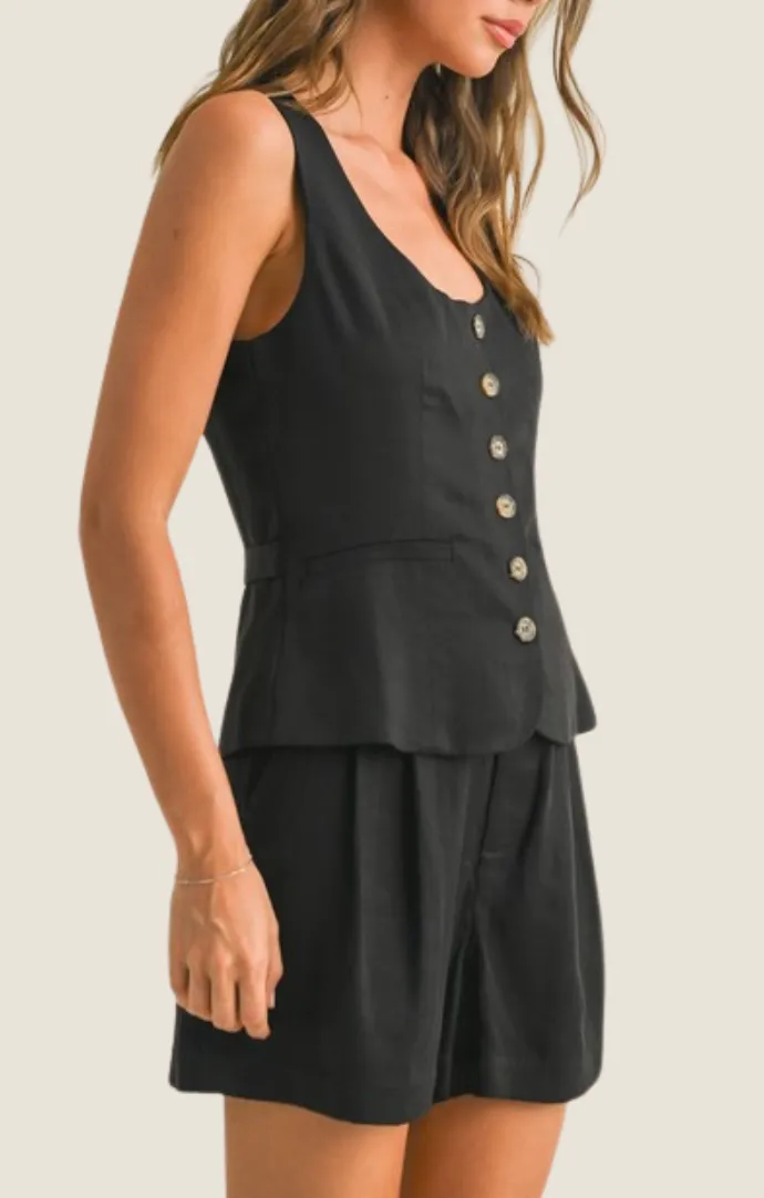 Ida Black Button Front Vest