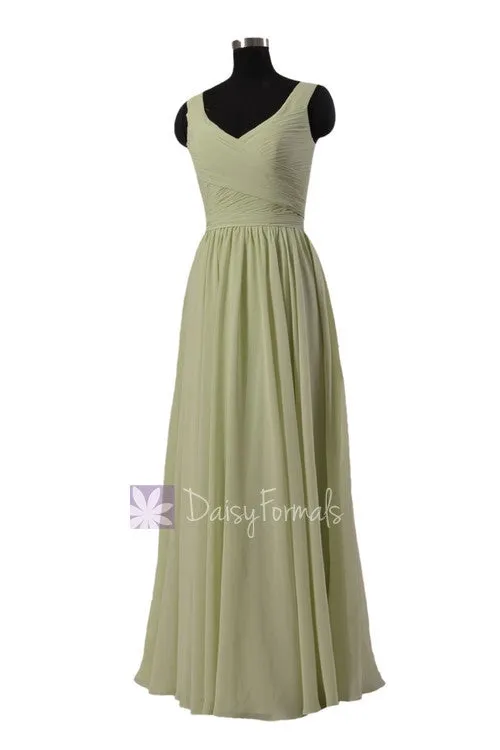 In stock,Ready to Ship - Long V-Neck Green Chiffon Bridesmaid Dress(BM5196L) - (#33 Tea Green, Sz10)
