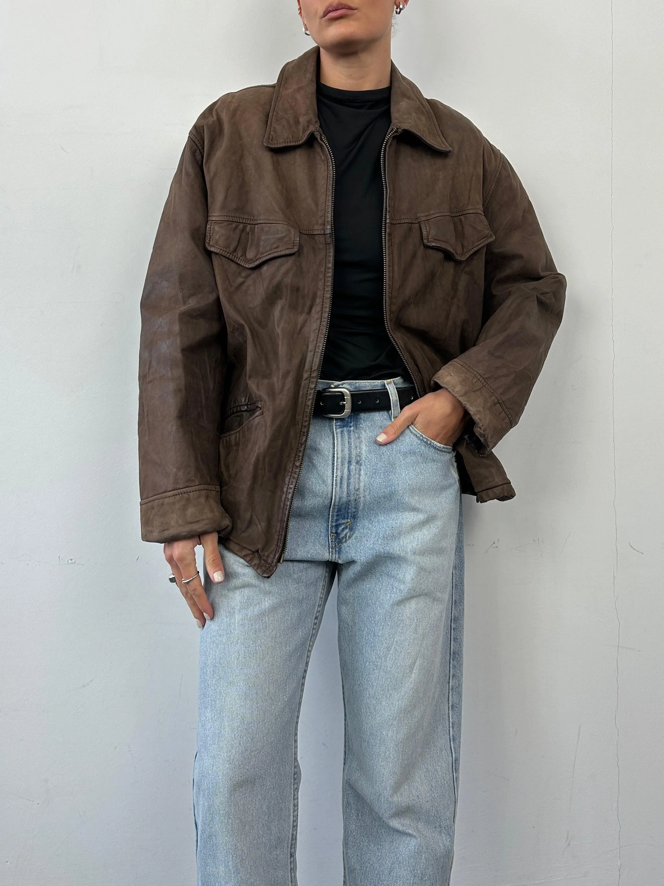 Italian Vintage Zip Up Nubuck Leather Jacket - L