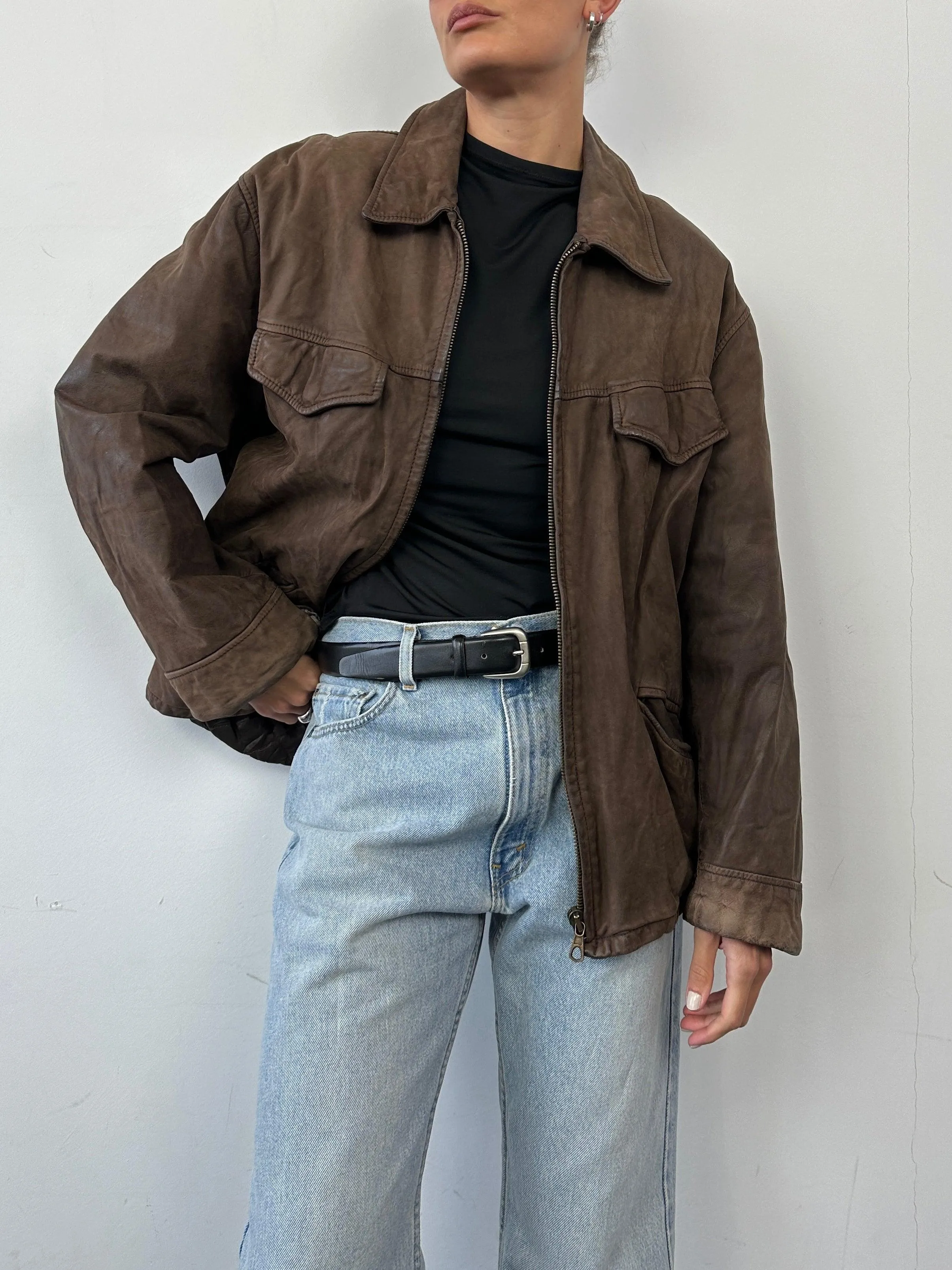 Italian Vintage Zip Up Nubuck Leather Jacket - L