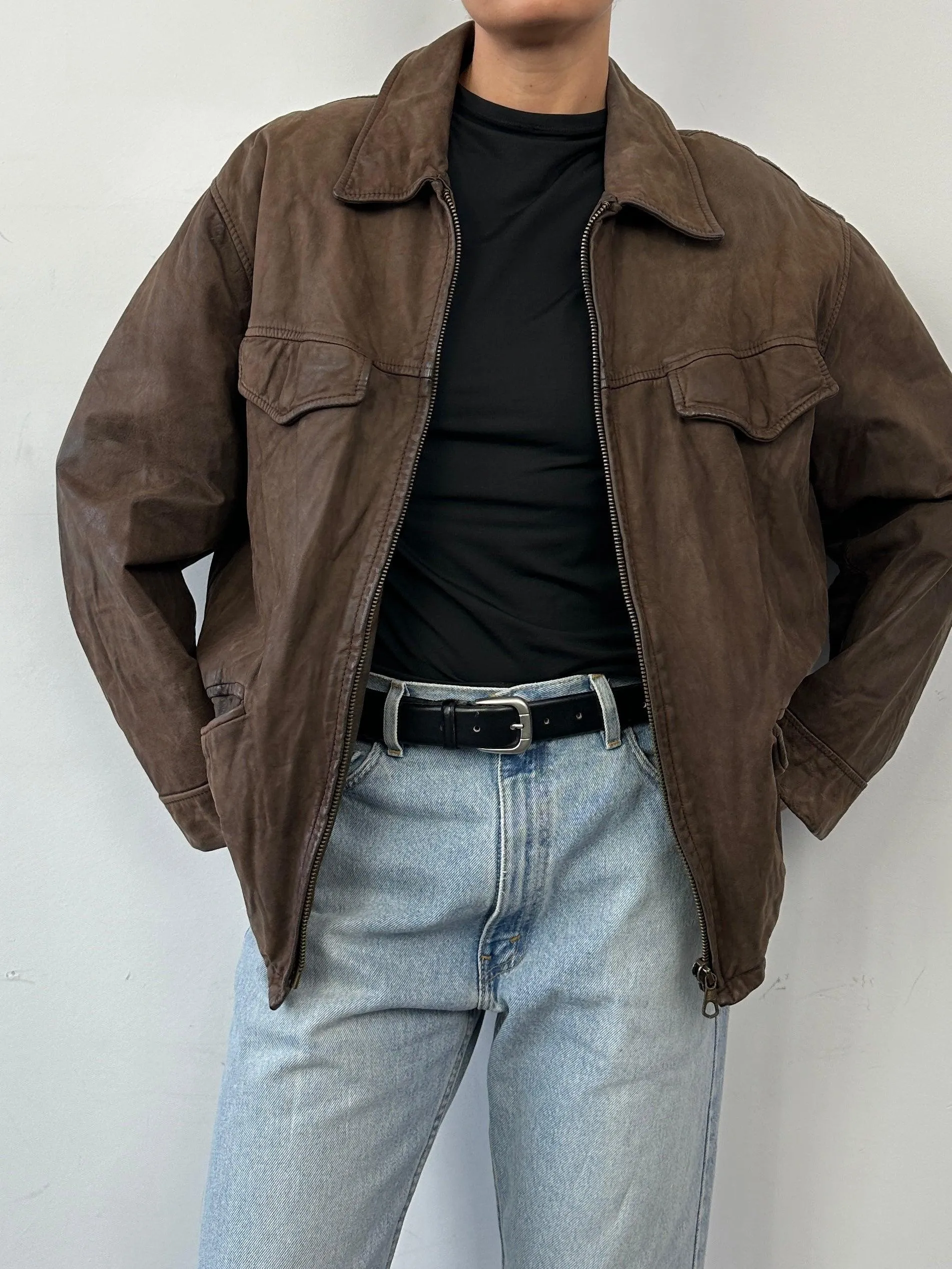 Italian Vintage Zip Up Nubuck Leather Jacket - L
