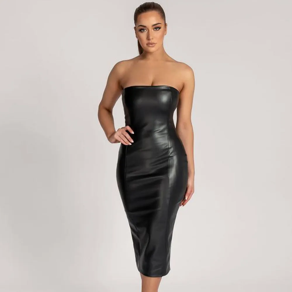 JuliaFashion - 2024 Strapless Stretch PU Bodycon Midi Dress