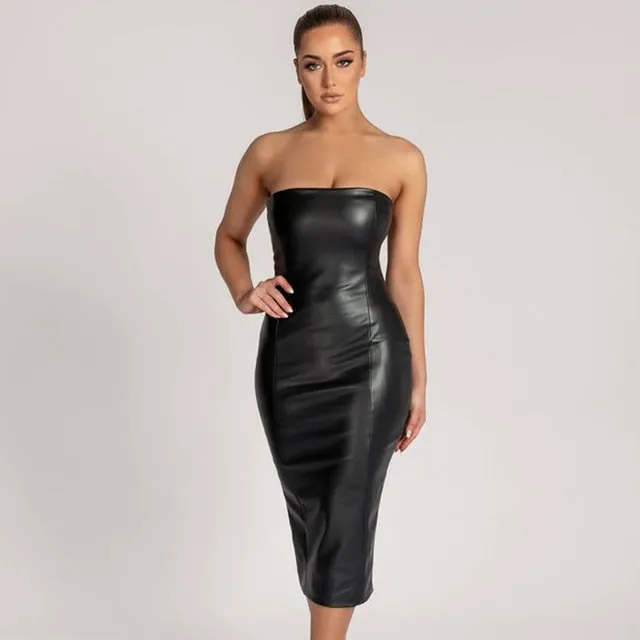 JuliaFashion - 2024 Strapless Stretch PU Bodycon Midi Dress