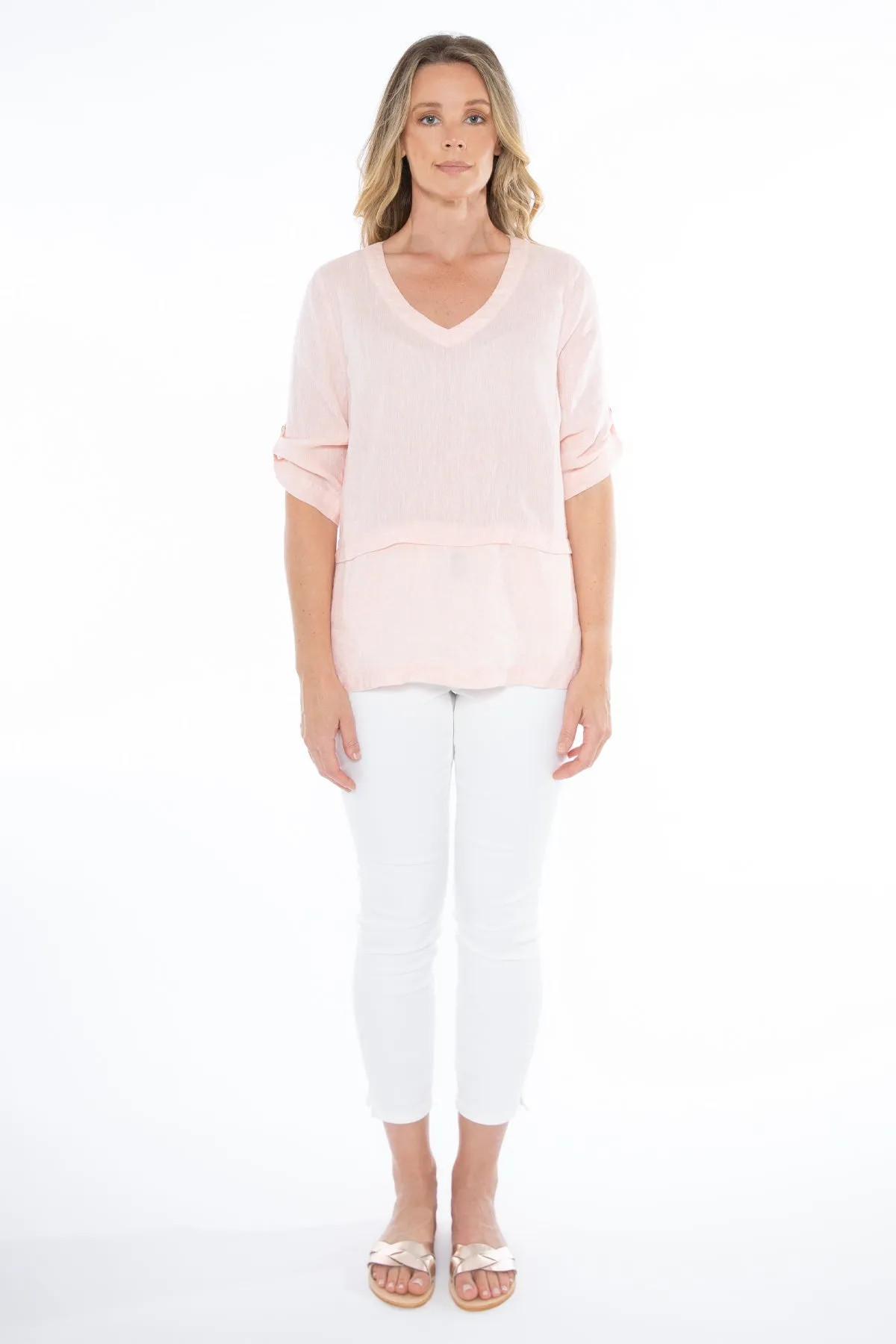 Jump - V Neck Tab Sleeve Top Apricot | 576J3117A